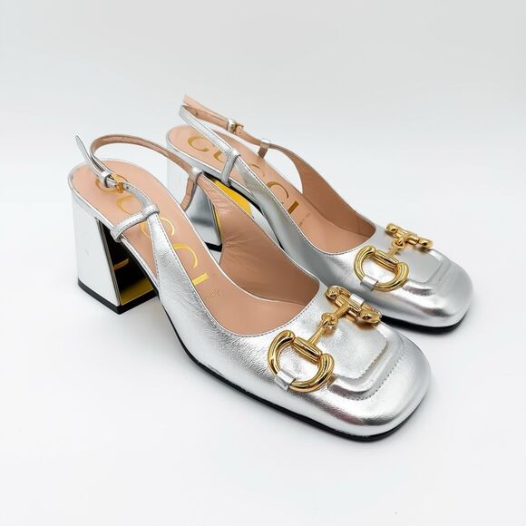 Gucci Baby Horsebit Metallic Silver Slingback Block Heels Size 37.5, 7.5 - Picture 1 of 16